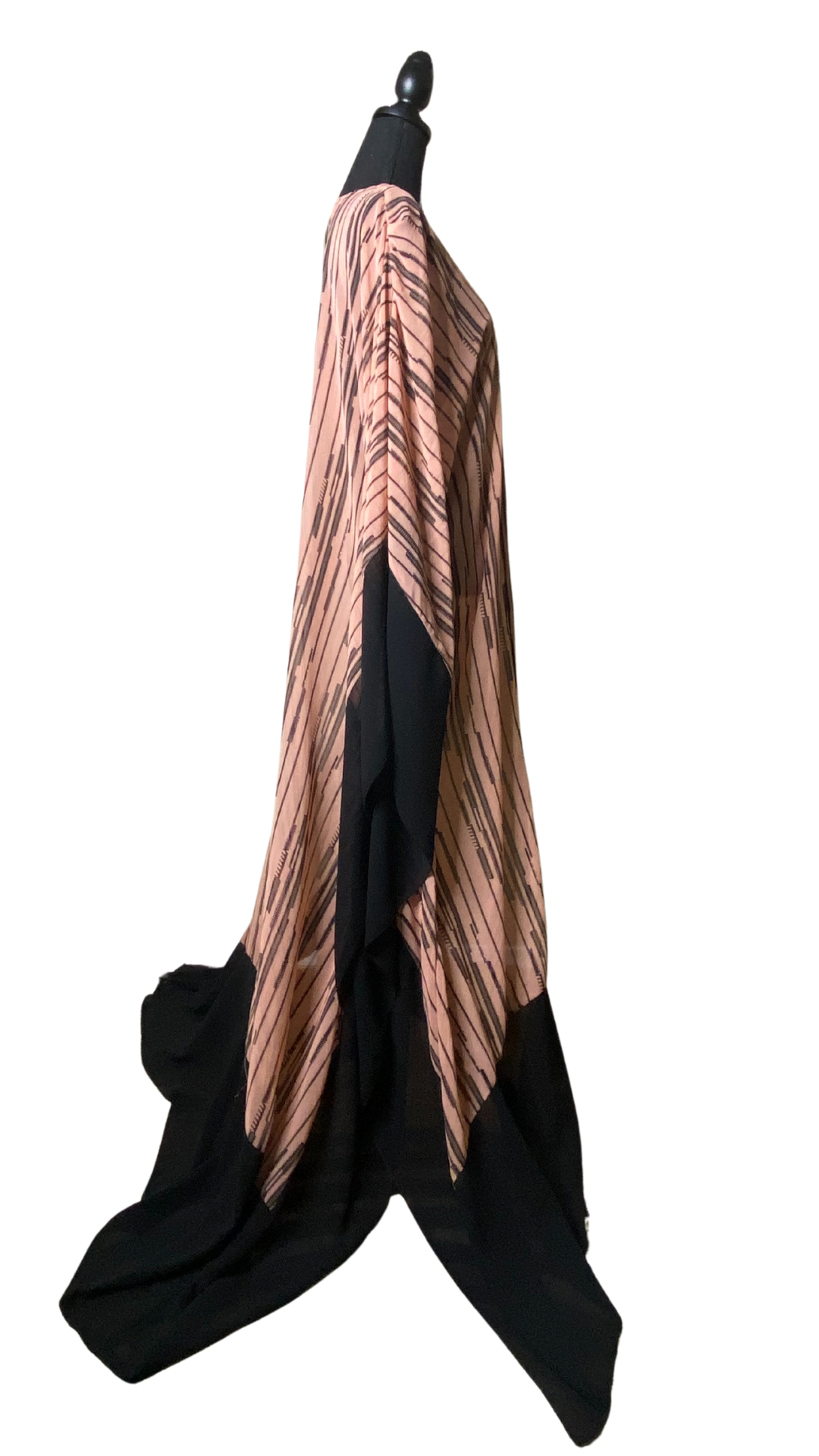 Pink vertical striped, Black trimmed, sheer open kaftan. 