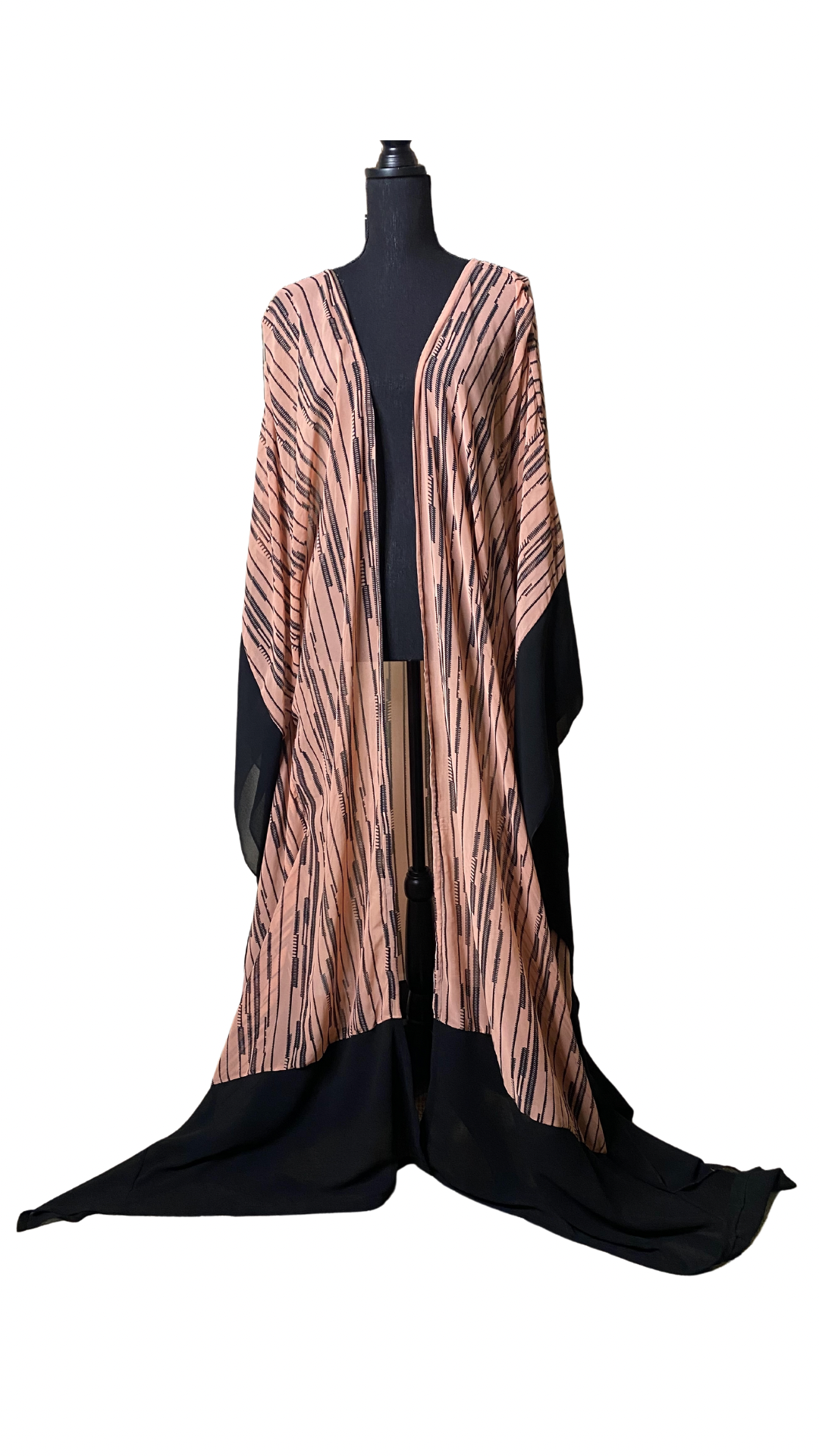 Pink vertical striped, Black trimmed, sheer open kaftan. 