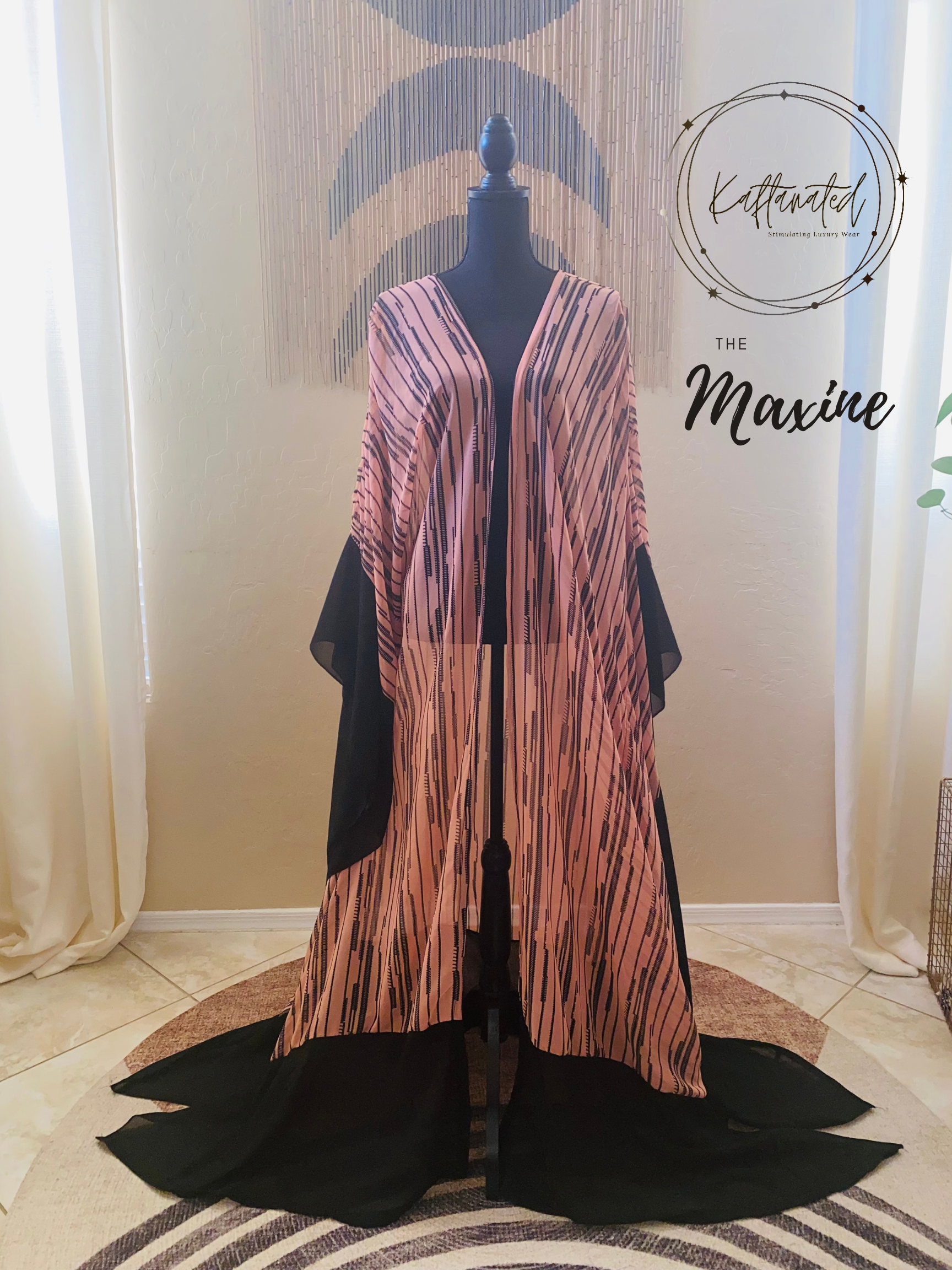 Pink vertical striped, Black trimmed, sheer open kaftan. 